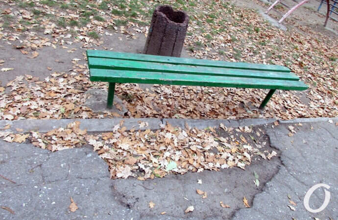 сквер, скамейка и урна