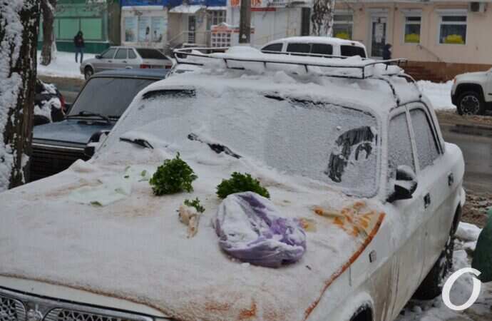 снег на Черемушках, машина и зелень