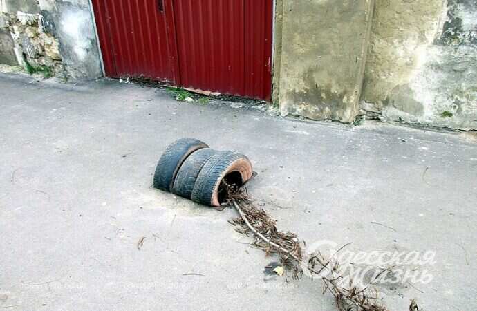 Одесская улица Садиковская, шины у ворот