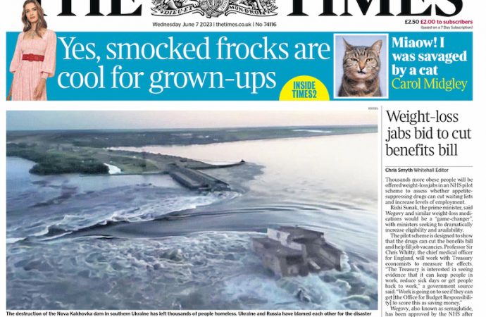 Восемь первых страниц газет Великобритании о подрыве Каховской ГЭС