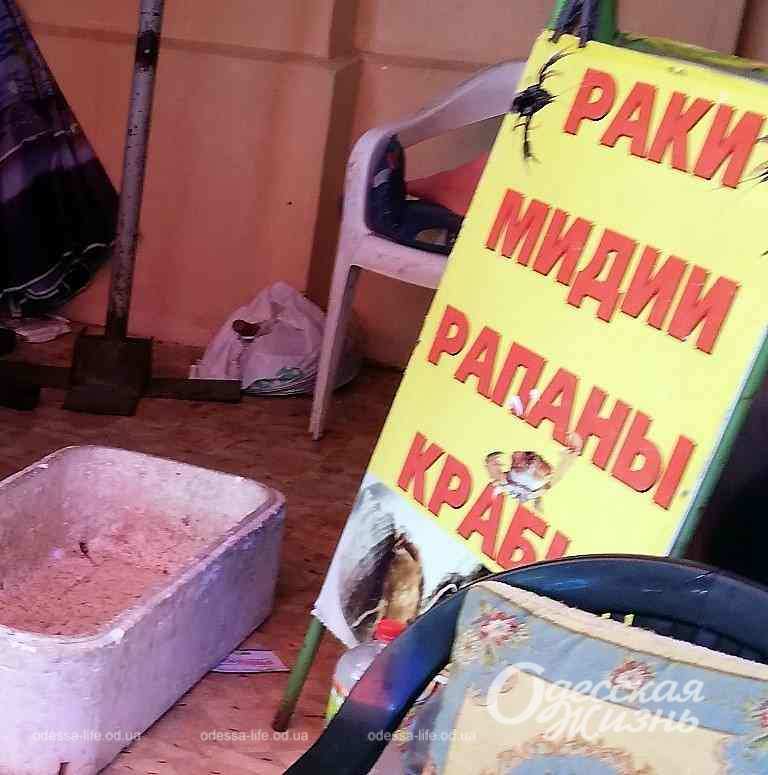 Реклама на Привозі пропонує купити раків, мідій, рапанів і крабів.