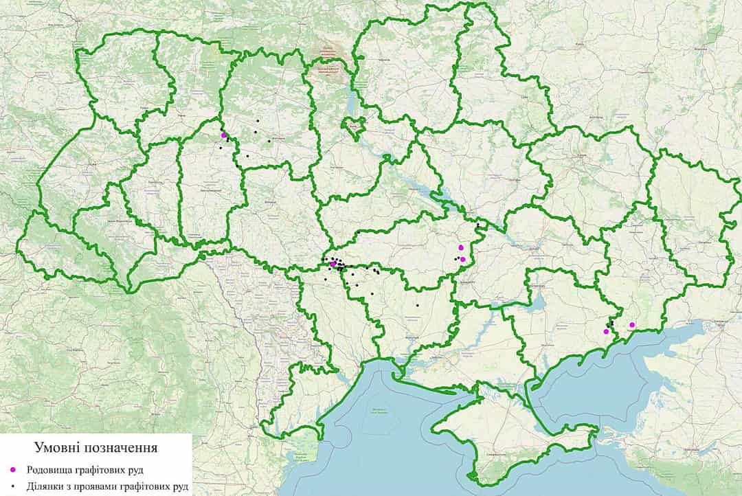 Карта расположения месторождений и перспективных участков графитовых руд в Украине