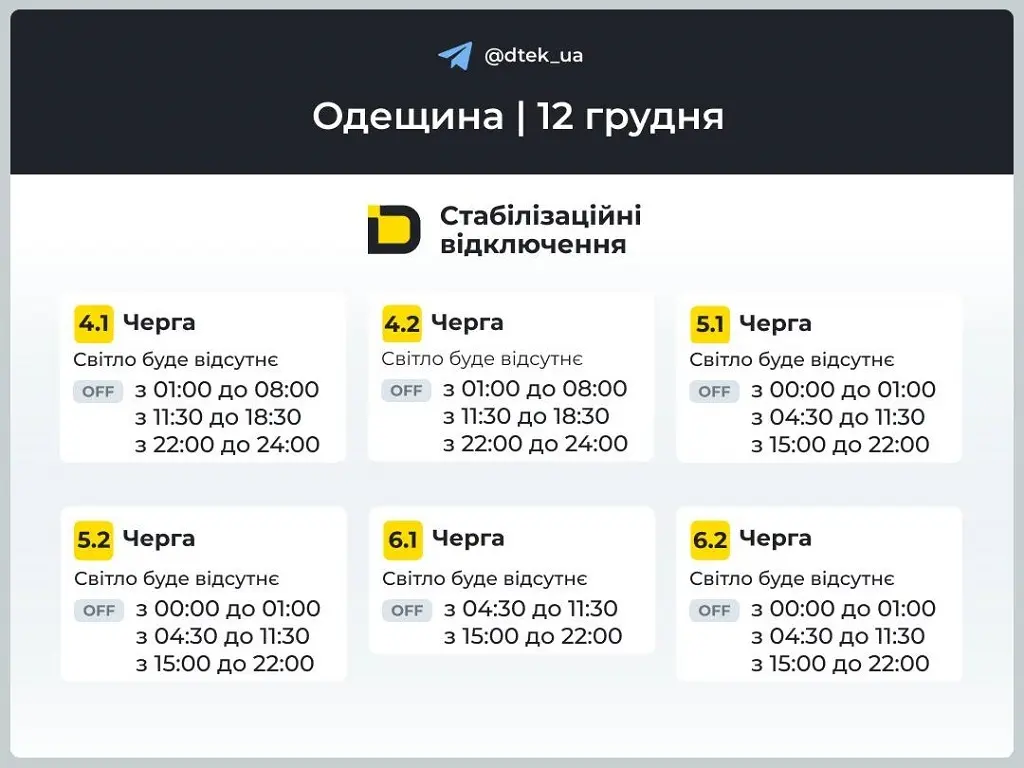 Как будут отключать свет в Одессе 12 декабря