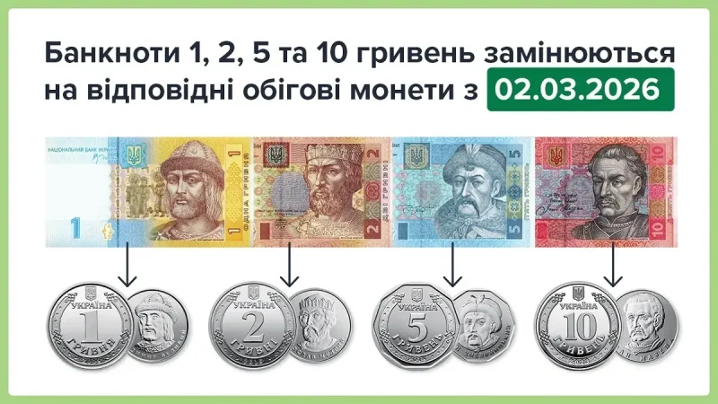 Нацбанк остаточно вилучає банкноти від 1 до 10 гривень
