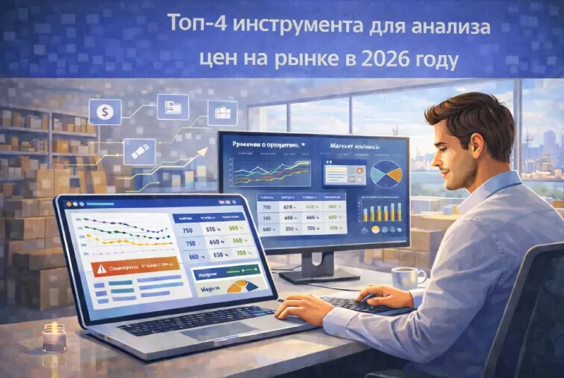 Аналитик e-commerce в офисе анализирует цены конкурентов на ноутбуке и мониторе с графиками, таблицами и дашбордом рынка