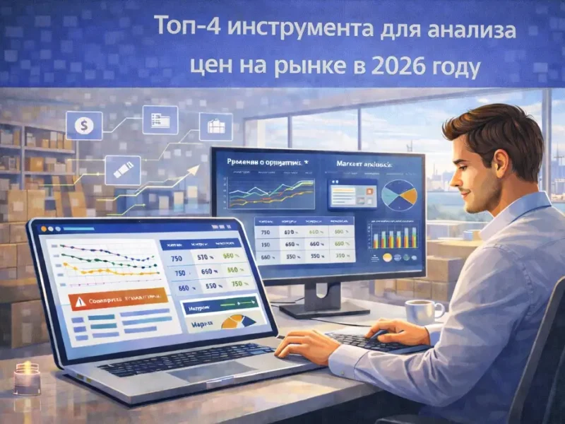 Аналитик e-commerce в офисе анализирует цены конкурентов на ноутбуке и мониторе с графиками, таблицами и дашбордом рынка