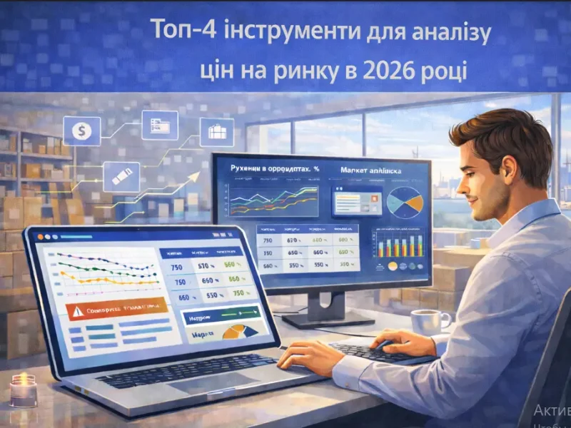 Аналітик e-commerce в офісі аналізує ціни конкурентів на ноутбуці та моніторі з графіками, таблицями та дашбордом ринку