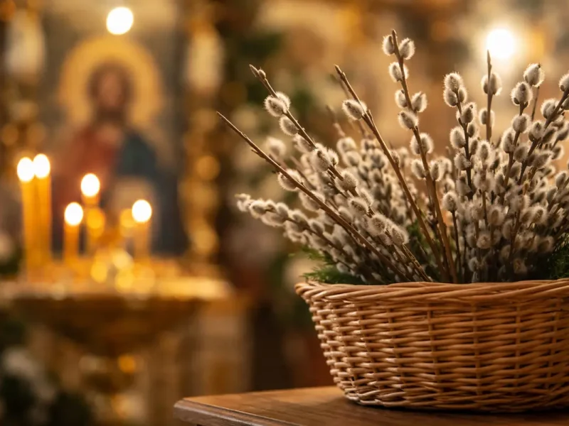 Вербное воскресенье: корзинка с вербой в храме