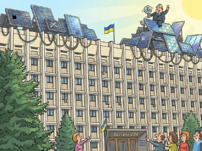Карикатура на здание Одесской ОВА, крыша которого хаотично заставлена солнечными панелями, а прохожие внизу удивленно смотрят