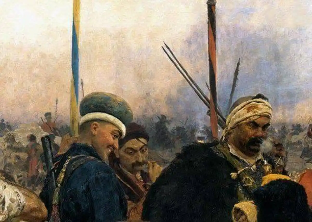 Козаки зі згорнутими прапорами на картині Рєпіна