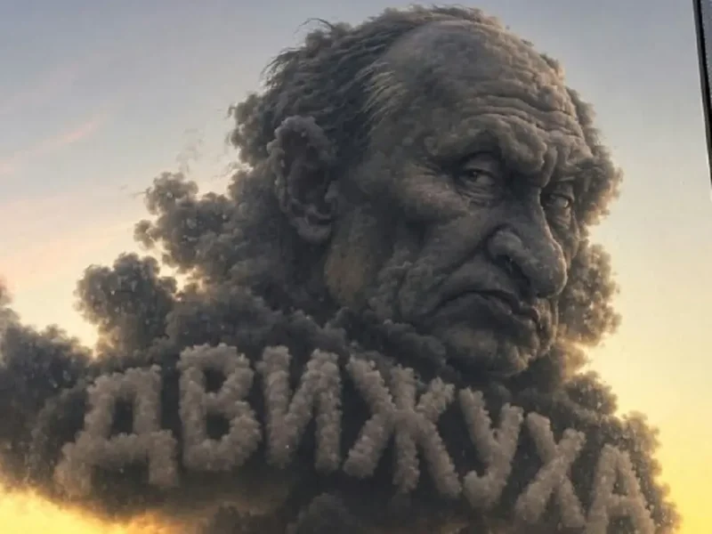 Стилизованное изображение лица Владимира Путина, сформированное из черного дыма над горящим НПЗ, с текстом "ДВИЖУХА"