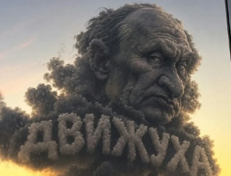 Стилизованное изображение лица Владимира Путина, сформированное из черного дыма над горящим НПЗ, с текстом "ДВИЖУХА"