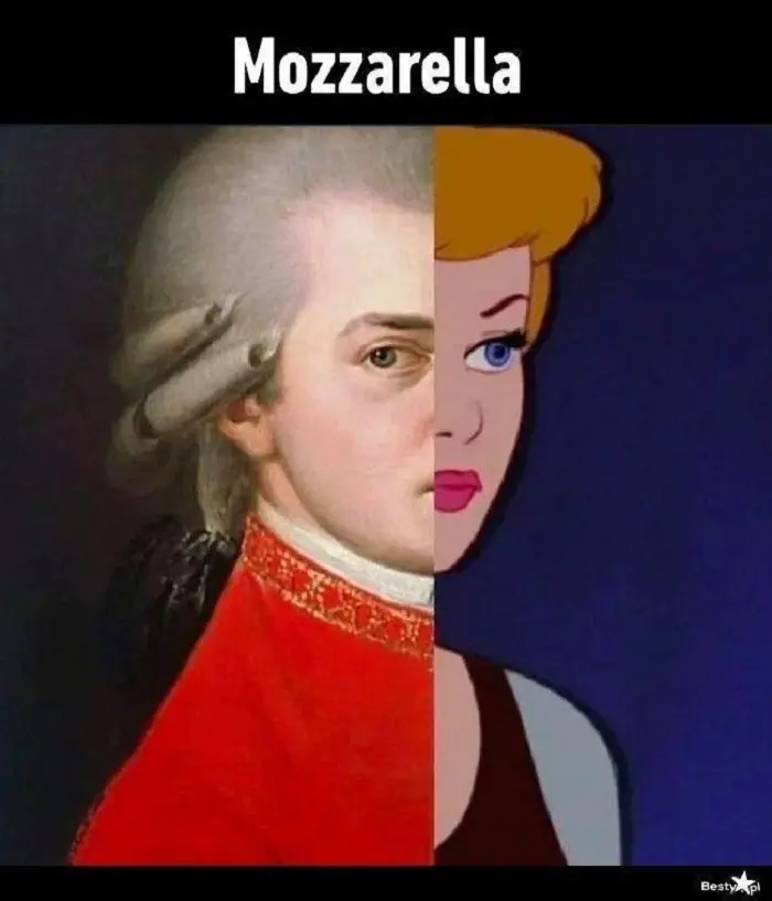 Визуальный ребус с портретом Моцарта и Золушки под надписью Mozzarella