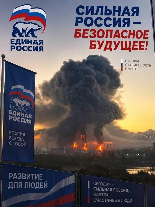 агитационные баннеры партии "Единая Россия" на фоне огромного столба черного дыма и огня от пожара