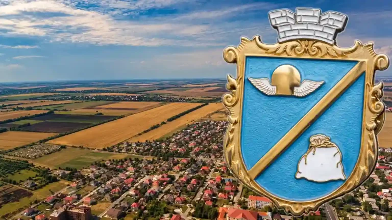 Аерофото селища Авангард з гербом над полями