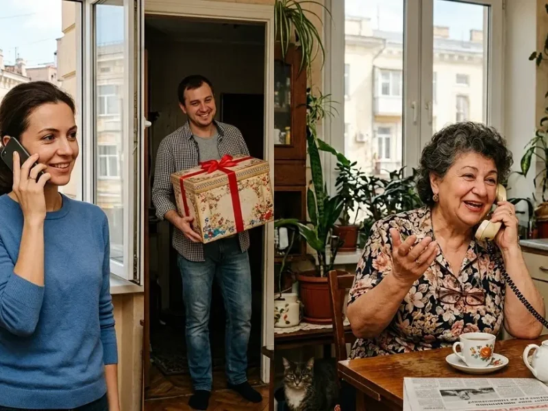 Разговор по телефону свекрови и невестки, пока муж входит в дверь с большой подарочной коробкой